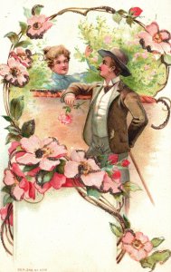 1906 Courtship Love And Flower Romance Dating Gentleman, GlitterVintage Postcard