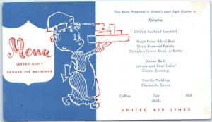 UNITED AIR LINES Airlines   MAINLINER MENU  Little Chef  Omaha Kitchen Postcard