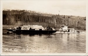 Waterways Alberta Hudson's Bay Tugboat MB 'Canadusa' & Barge RPPC Postcard G4