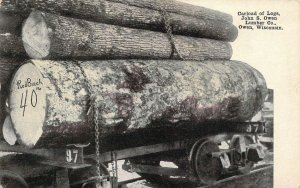 c.1918, Carload of logs, John S Owen Lumber Co, Adv, Msg, Owen,WI, Old Postcard