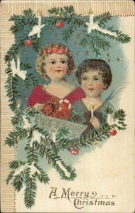 Christmas - Children Angels REAL SILK c1910 Postcard