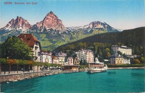 Switzerland navigation & sailing topic postcard Brunnen am quai paddle steamer