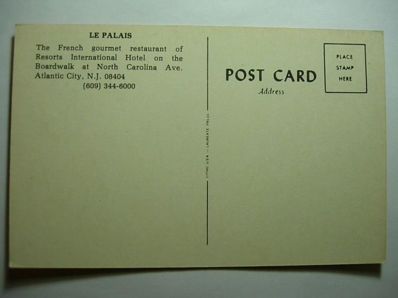 pre-1980 Unused LE PALAIS RESTAURANT Atlantic City New Jersey NJ card y8002-23