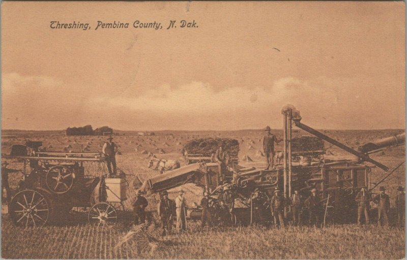 c19101920s Threshing scene Pembina Country North Dakota equipment