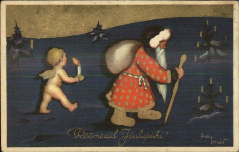 Christmas - Art Deco Santa Claus & Cherub Spotted Coat Estonian? Postcard