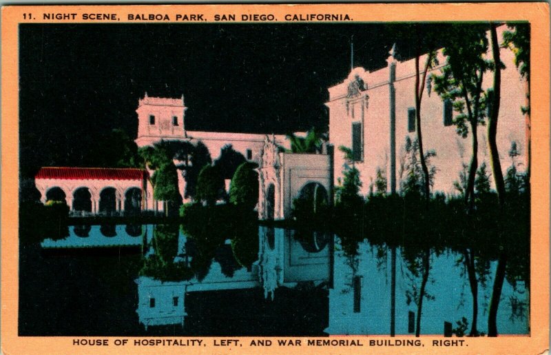 Night Scene Balboa Park San Diego California CA UNP Unused Linen Postcard E9