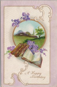 Greetings~Birthday~Purple Flowers~Books~View Of Church In Distance~Vintage PC 