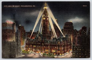 Philadelphia Pennsylvania City Hall by Night Historic Building Vintage Postcard