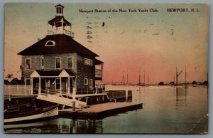 Postcard Newport RI c1930 Newport Station The New York Yacht Club Hand Colored