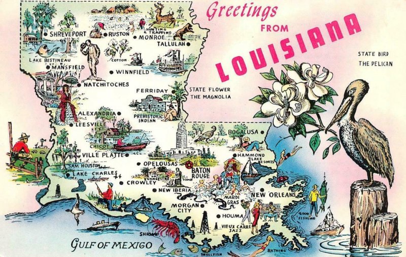 Louisiana LA   MAP ATTRACTIONSLANDMARKSINFORMATION  c1950s Chrome Postcard