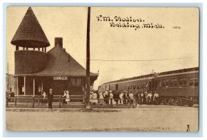 c1910's P.M. Station Depot Railroad Train Belding Michigan MI Antique Postcard 