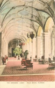 Postcard 1920s Florida Palm Beach Breakers hotel Lobby hand colored 23-11080