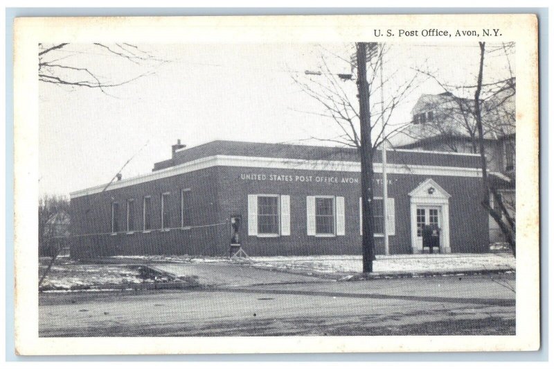 c1930's U.S. Post Office Building Scene Street Dirt Road Avon NY Postcard 