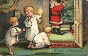 Christmas Children Kids Spying on Santa Claus c1910 Vintage Postcard