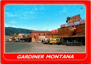 Street View Gardiner Montana Postcard Town Cafe Lounge Motel old cars Van