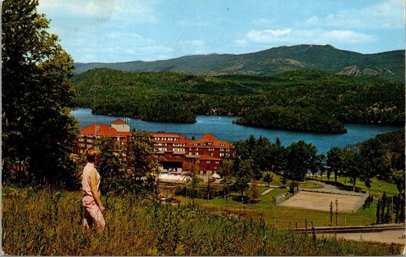 VINTAGE POSTCARD LAKE QUIMET WITH MOUNT TREMBLANT GRAY ROCKS INN QUEBEC CANADA