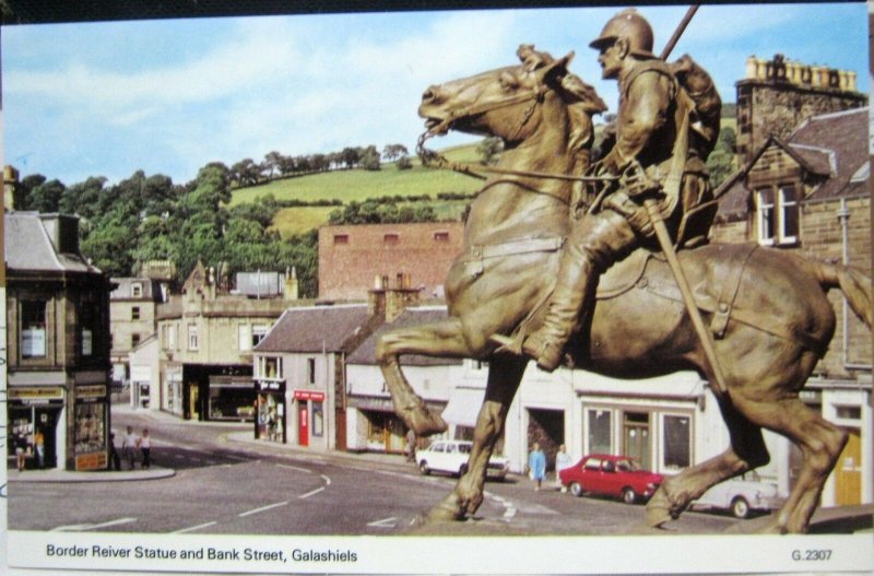 Scotland Border Reiver Statue and Bank Street Galashiels - unposted damaged