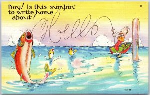 Baby Catching Large Fish Ocean Adventure Fihing Comic Card Postcard