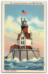 1943 Racine Reef Lighthouse Three Miles Shore Racine Wisconsin Vintage Postcard