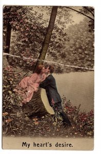 Couple Kissing on Tree Stump, My Heart's Desire, Used 1913 NS Split Ring Cancel