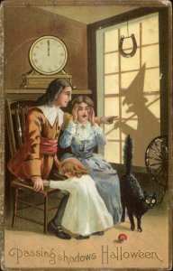 Halloween Pilgrim Family Witch Silhouette c1910 Postcard
