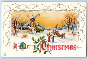 Christmas Postcard Windmill Horse Sleigh Holly Berries Winter Scene Embossed