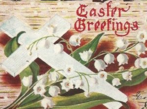 White Cross & White Lily of The Valley on Birch Bark Vintage Postcard Easter