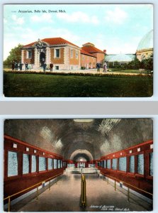 2 Postcards BELLE ISLE, Detroit Michigan MI ~ Interior/Exterior AQUARIUM c1910s