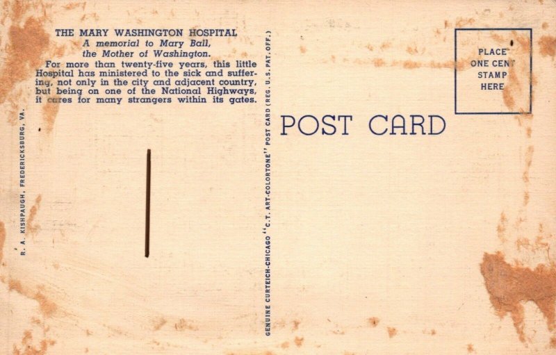 VA, Mary Washington Hospital, Fredericksburg, Virginia Linen Postcard, Teich