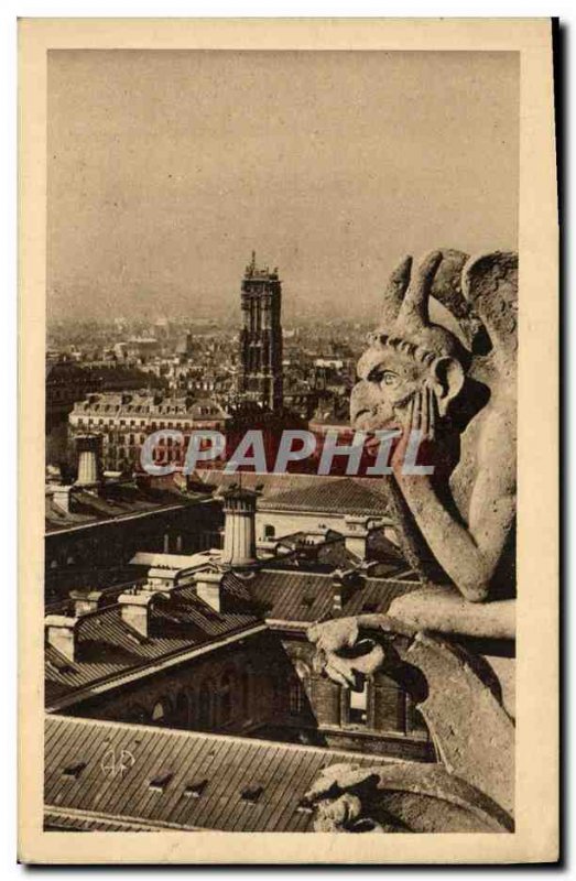 Old Postcard Paris church Notre Dame Chimere Devil