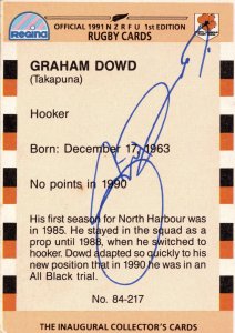 Graham Dowd North Harbour 1991 Hand Signed Rugby Card Photo