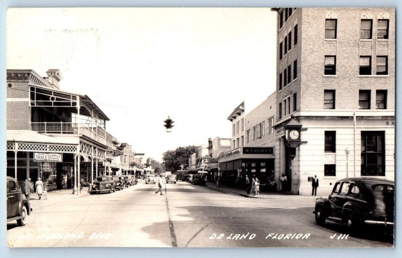 De Land Florida FL Postcard RPPC Photo Woodland Boulevard Table Supply Store