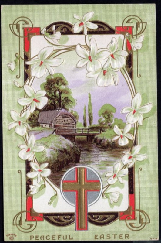 Peaceful Easter with Cross Country Scene and white flowers Embossed pm1912 - DB