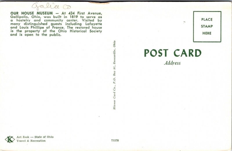 Our House Museum 434 1st Ave Gallipolis Ohio OH Postcard VTG UNP Koppel Vintage 