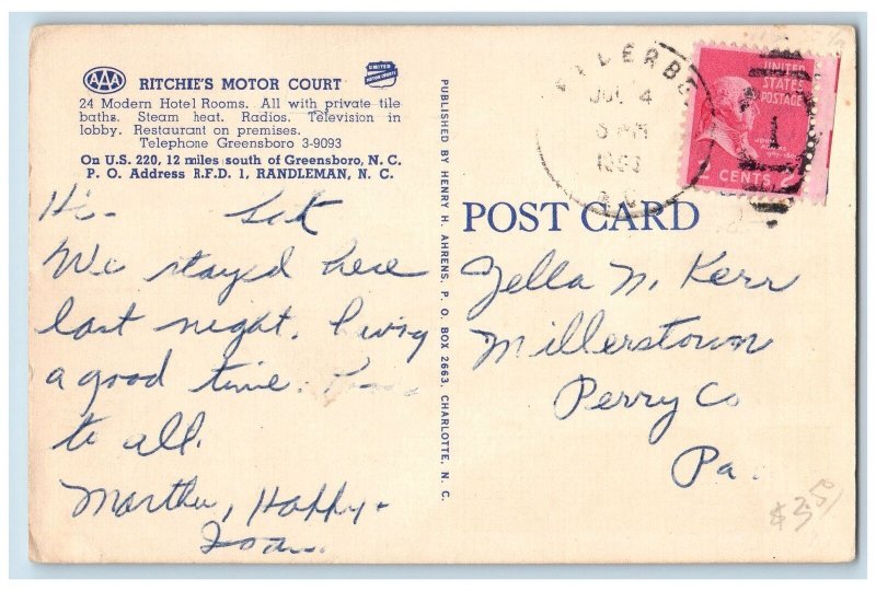 1953 Richie's Motor Court Restaurant Greensboro North Carolina Vintage Postcard