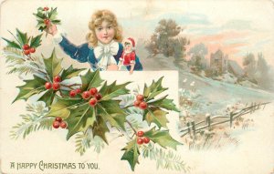 Embossed Tuck Christmas Postcard 102 Girl With Doll Over Holly