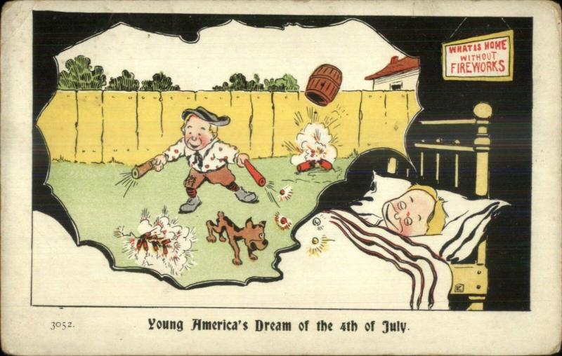 4th Fourth of July Boy Dreams of Firecrackers c1910 Postcard