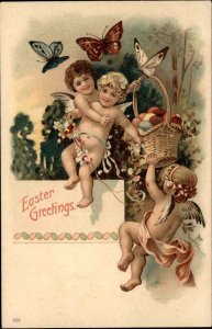 Easter Anegls Butterflies Basket of Eggs Embossed c1900s-10s Postcard