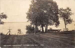 Clear Lake Iowa~Oakwood Landing~Girls by Tree~Ship @ Dock~c1910 RPPC