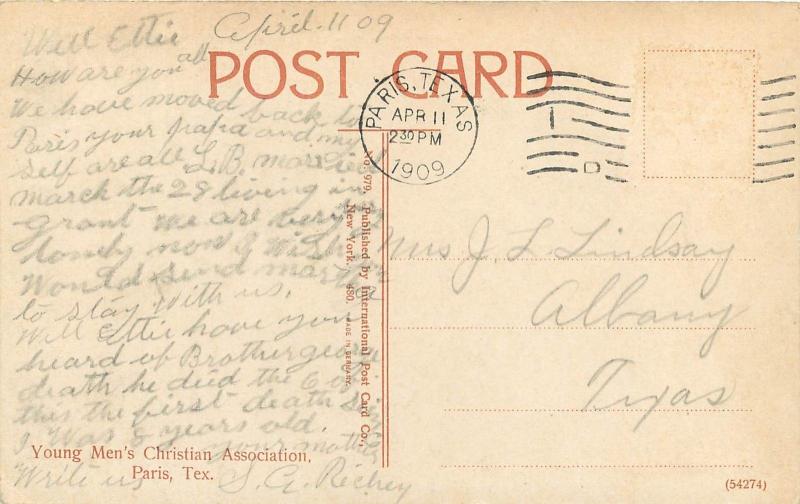 1907-1915 Printed Postcard; Y.M.C.A. Paris TX Lamar County, Posted