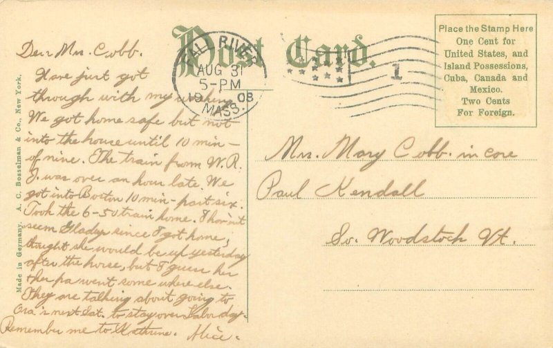 Fall River MA Samuel Longfellow School, William Street 1908 Litho Postcard Used