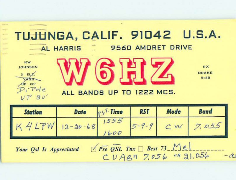 Pre-1980 RADIO CARD - Sunland Tujunga - Near Burbank & Los Angeles CA AH1125