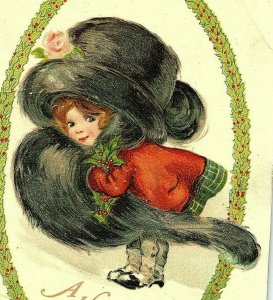 1913 Gottschalk Christmas Postcard Davis Dreyfuss Cute Girl Vintage Big Fur Hat  