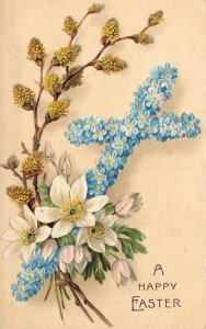 Beautiful  Embossed Flower Cross, Easter Greetings , Old Post Card