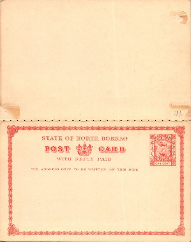 Mint British North Borneo Postcard Postal Stationery Paid Reply One Cent