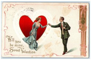 1912 Valentine Big Heart Couple Romance Dancing Embossed Kansas City KS Postcard