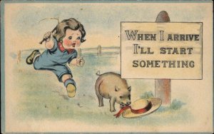 Children Comic Girl Chases Pig for Hat c1910s Postcard