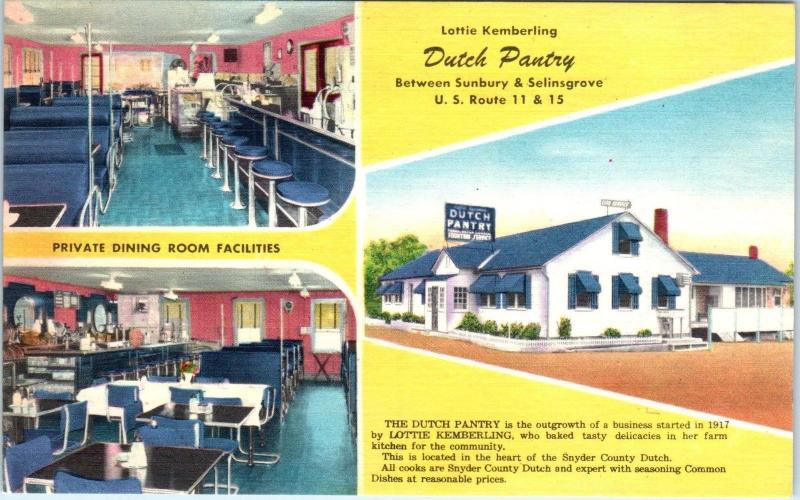 SUNBURY,  PA Pennsylvania  DUTCH PANTRY Restaurant 1950s Linen Roadside Postcard