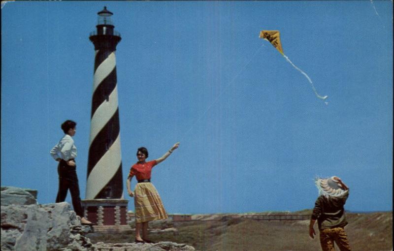 CAPE HATTERAS NC Lighthouse Outer Banks Women Flying Kite Old Postcard