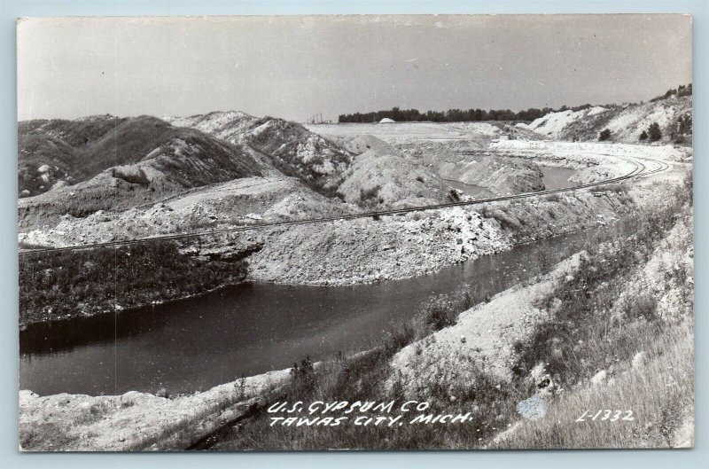 Postcard MI Tawas City US Gypsum Company Quarry Railroad Tracks RPPC Photo P18